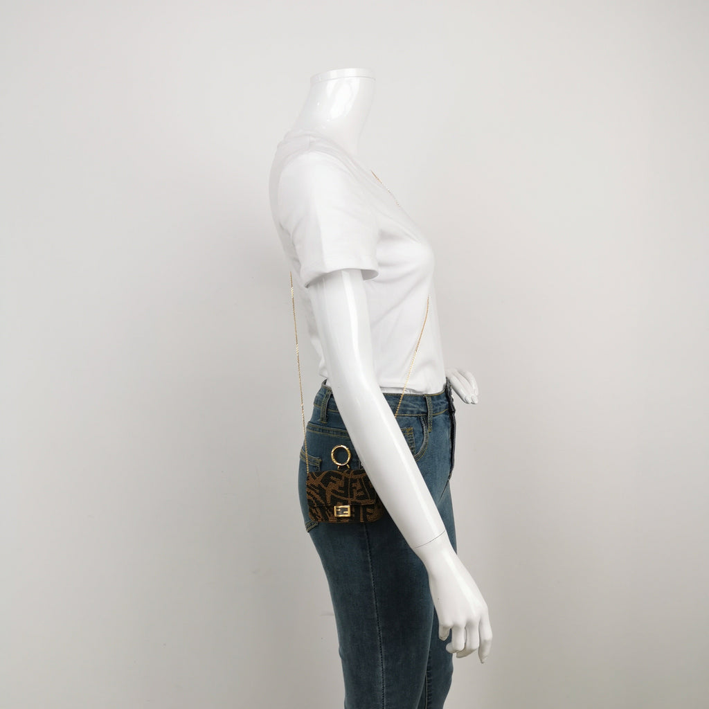 Fendi Nano Baguette Charm Beaded Brown Zucca Psychedelic Print Chain Strap