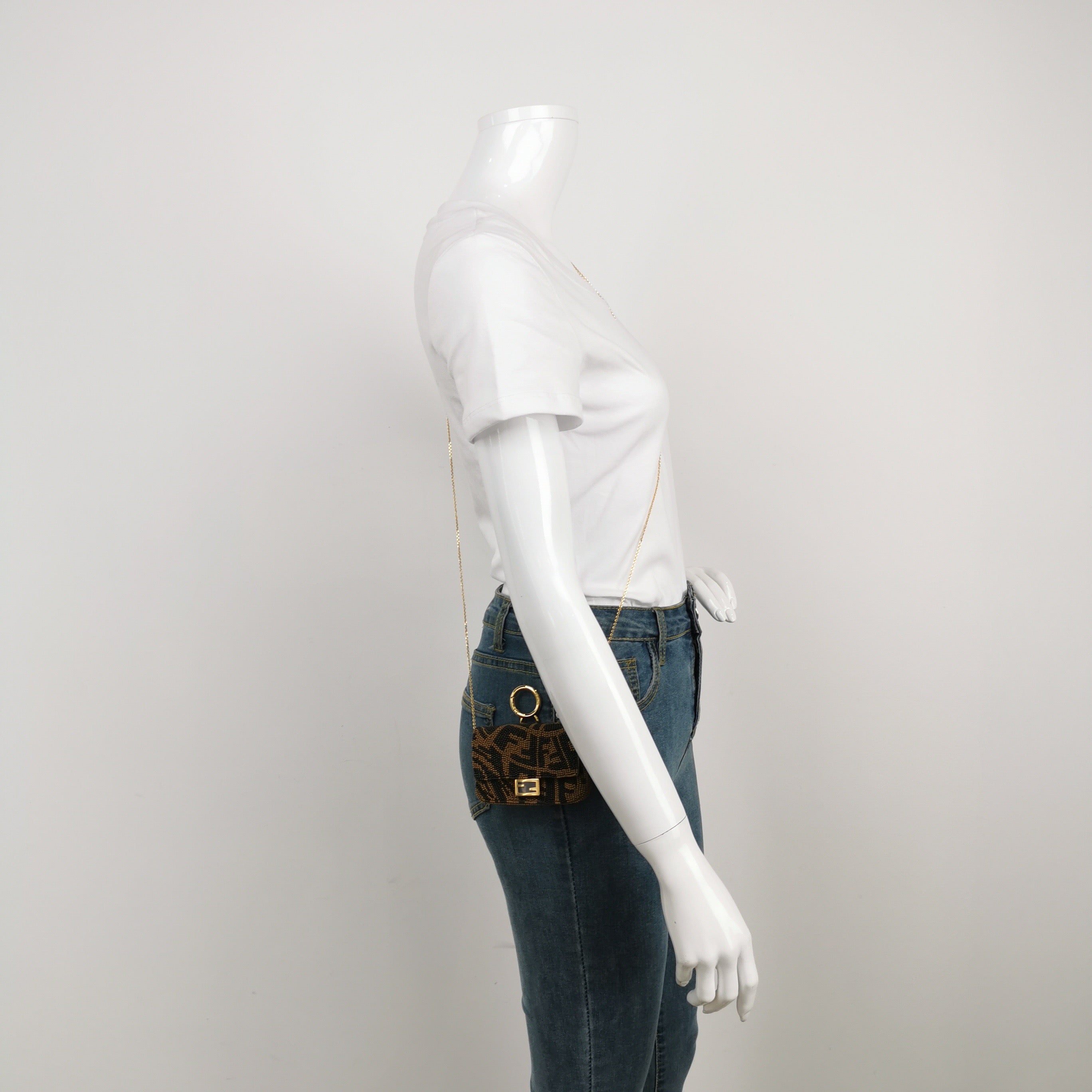 Fendi Nano Baguette Charm Beaded Brown Zucca Psychedelic Print Chain Strap