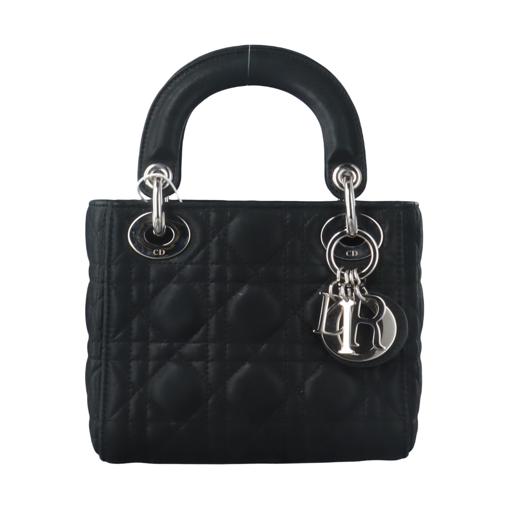 Lady Dior Mini Black Nubuck Aged Lambskin Leather handbag with silver hardware Chain Strap