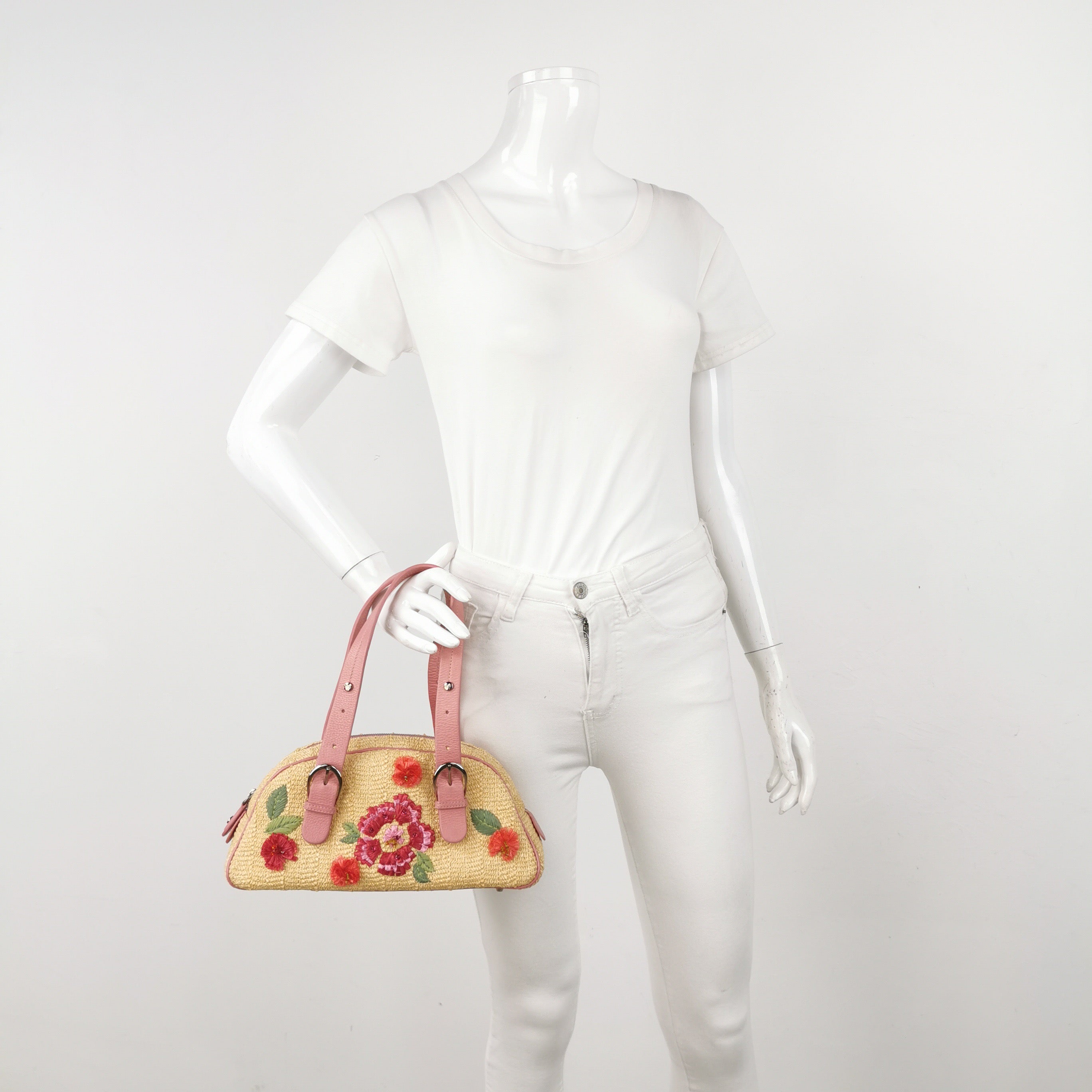 Dior Wicker Boston Bag Floral Embroidery Pink Leather