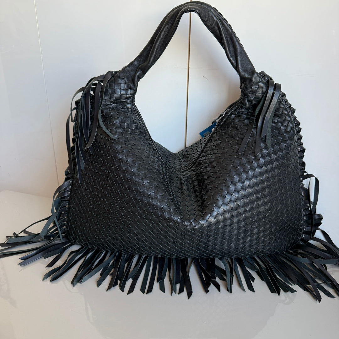 Bottega Veneta Veneta Fringed Hobo Large Black 50-53cm Lambskin Leather