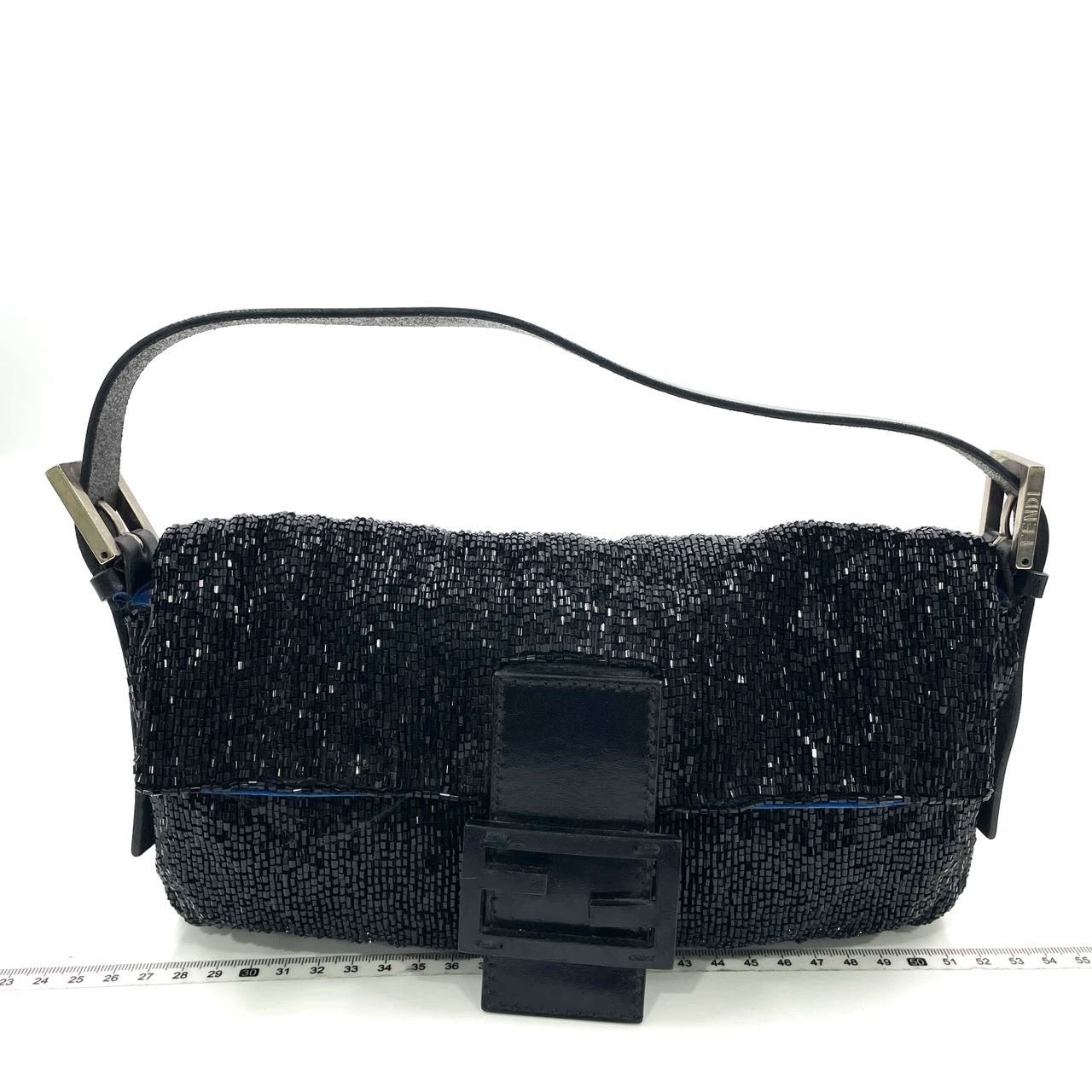 Fendi Baguette Vintage Black Glitter Beads Shoulder Bag Blue Satin Interior