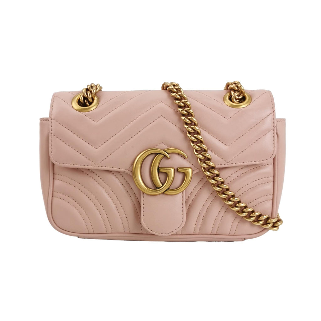 Gucci Marmont Mini Flap Pink Calfskin Leather Handbag Gold Hardware