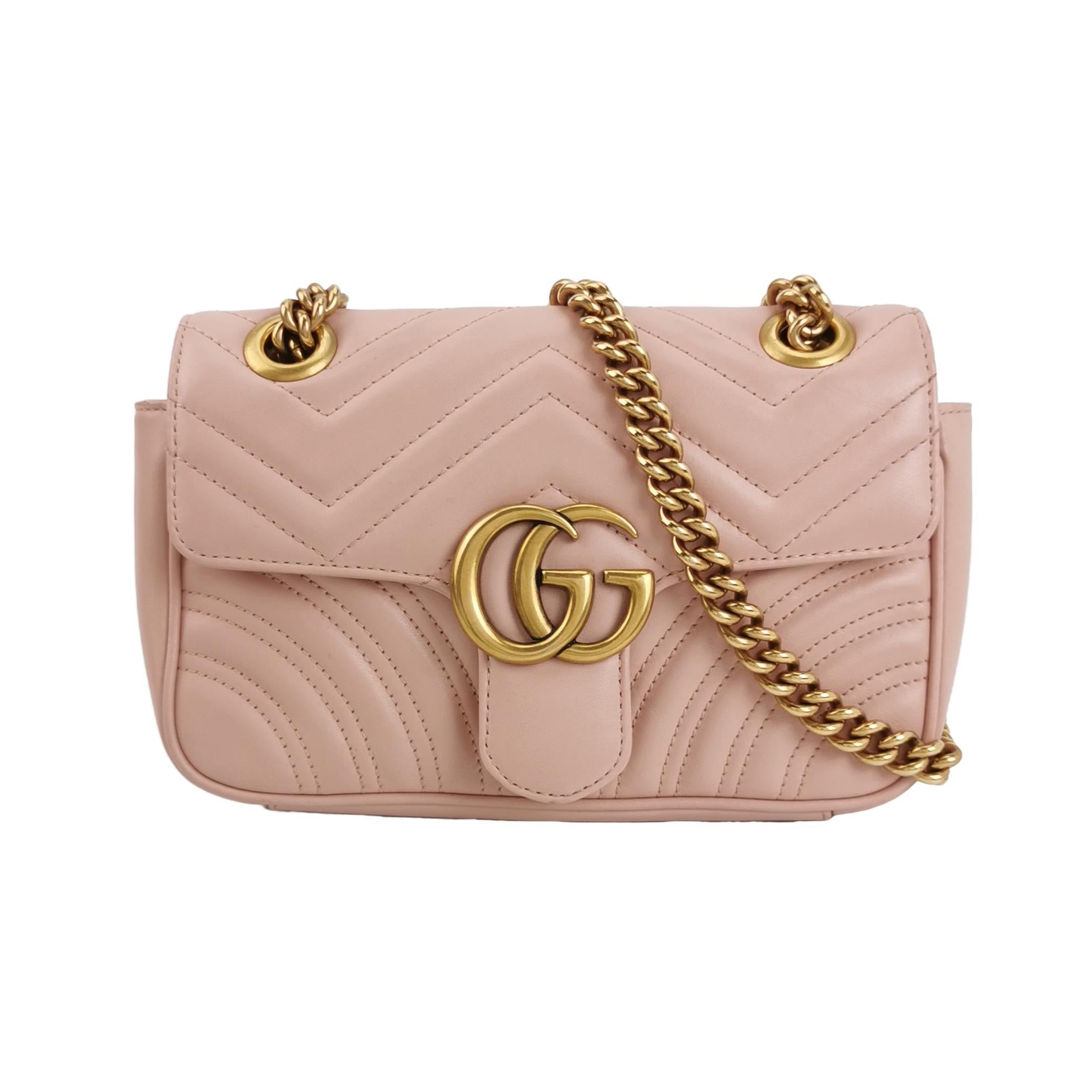 Gucci Marmont Mini Flap Pink Calfskin Leather Handbag Gold Hardware