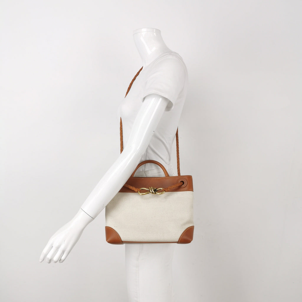 Bottega Veneta Small Andiamo Tan Brown Leather and Beige Canvas Handbag