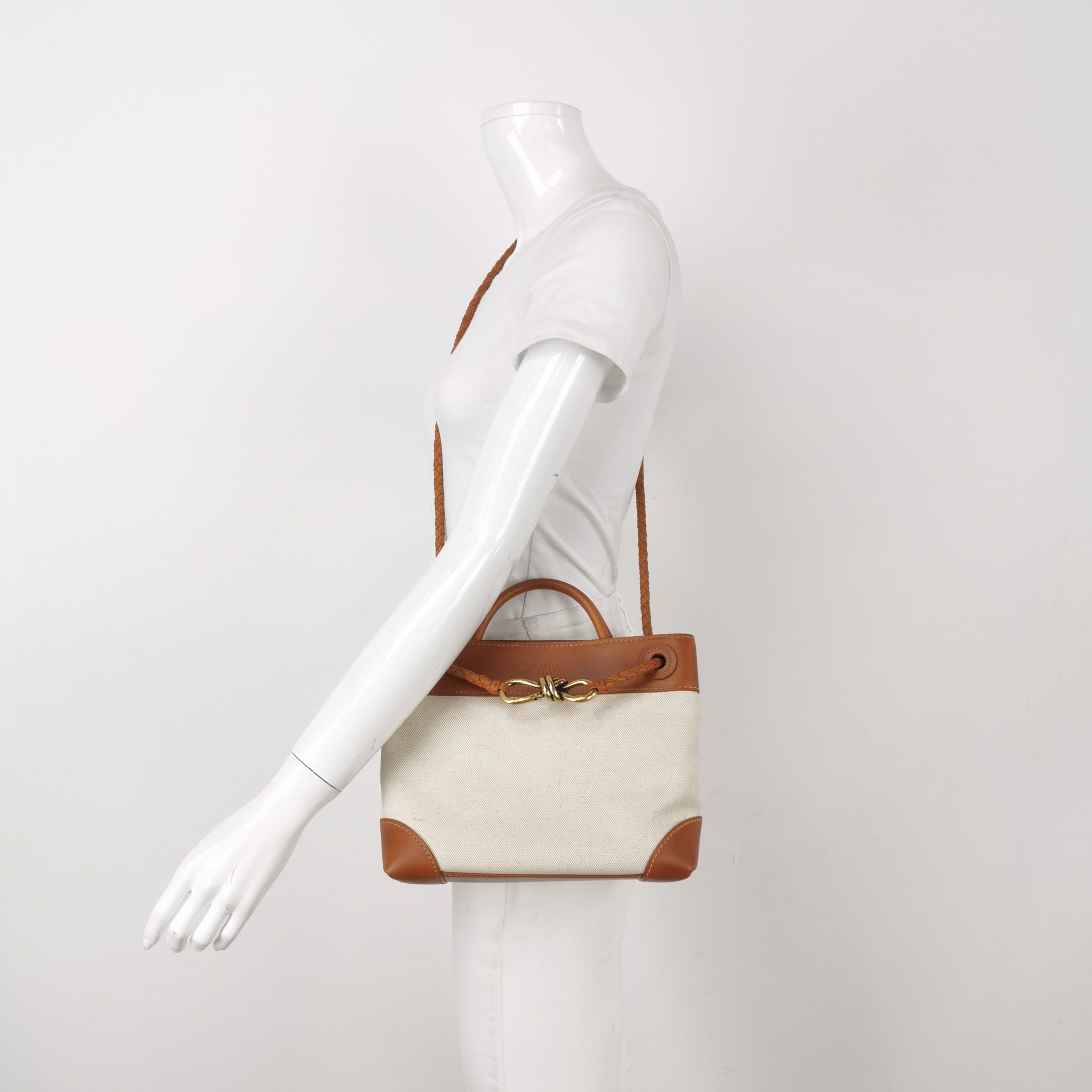 Bottega Veneta Small Andiamo Tan Brown Leather and Beige Canvas Handbag