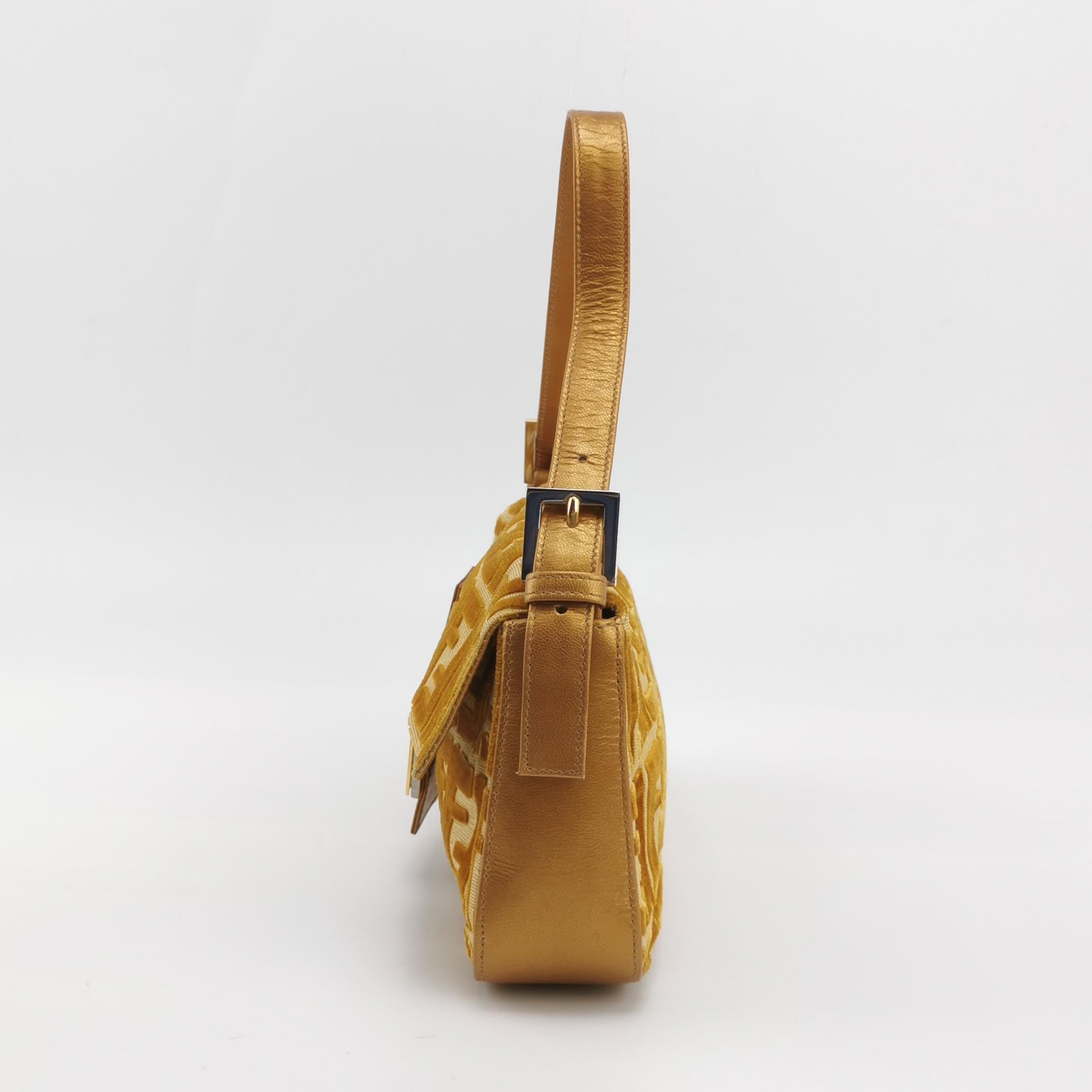 FENDI Baguette Gold FF Monogram Velvet Shoulder Bag