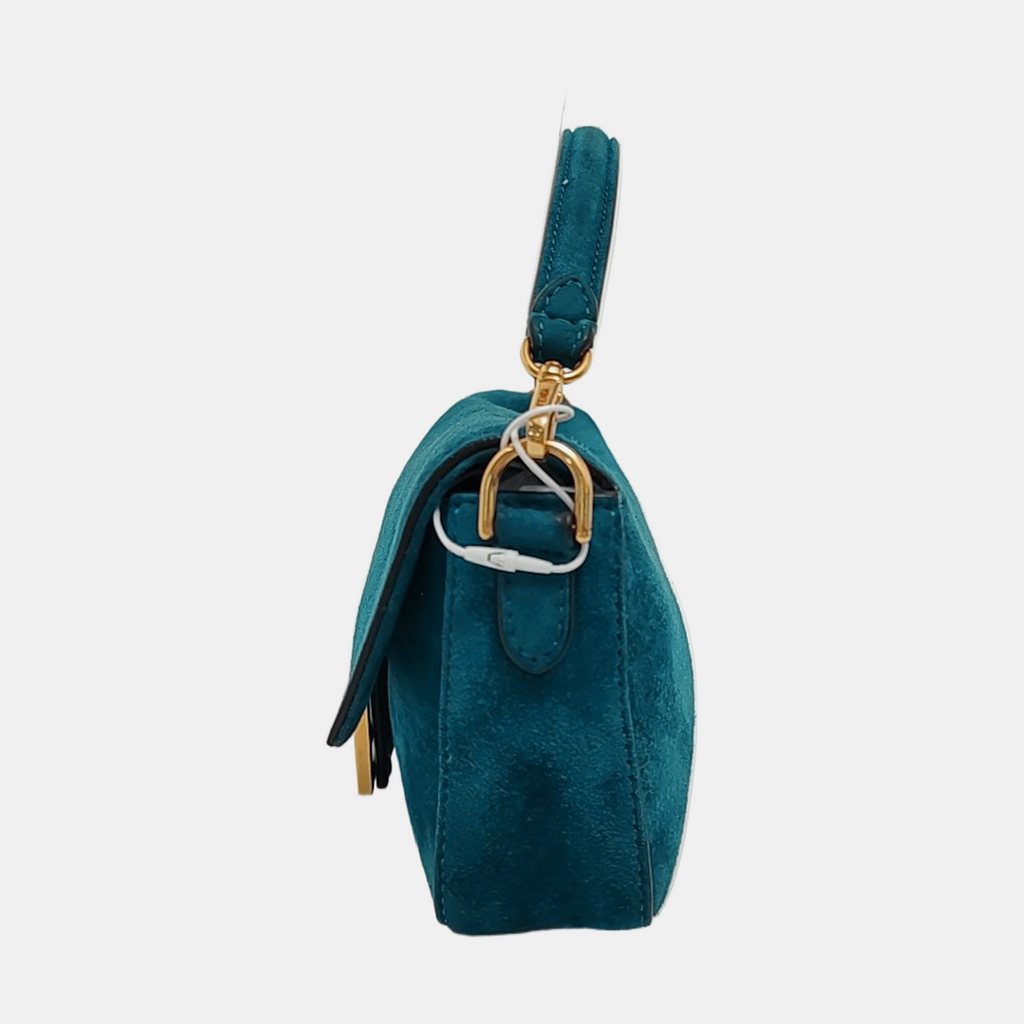Fendi Baguette Mini Turquoise Blue Suede Gold Hardware Crossbody Bag