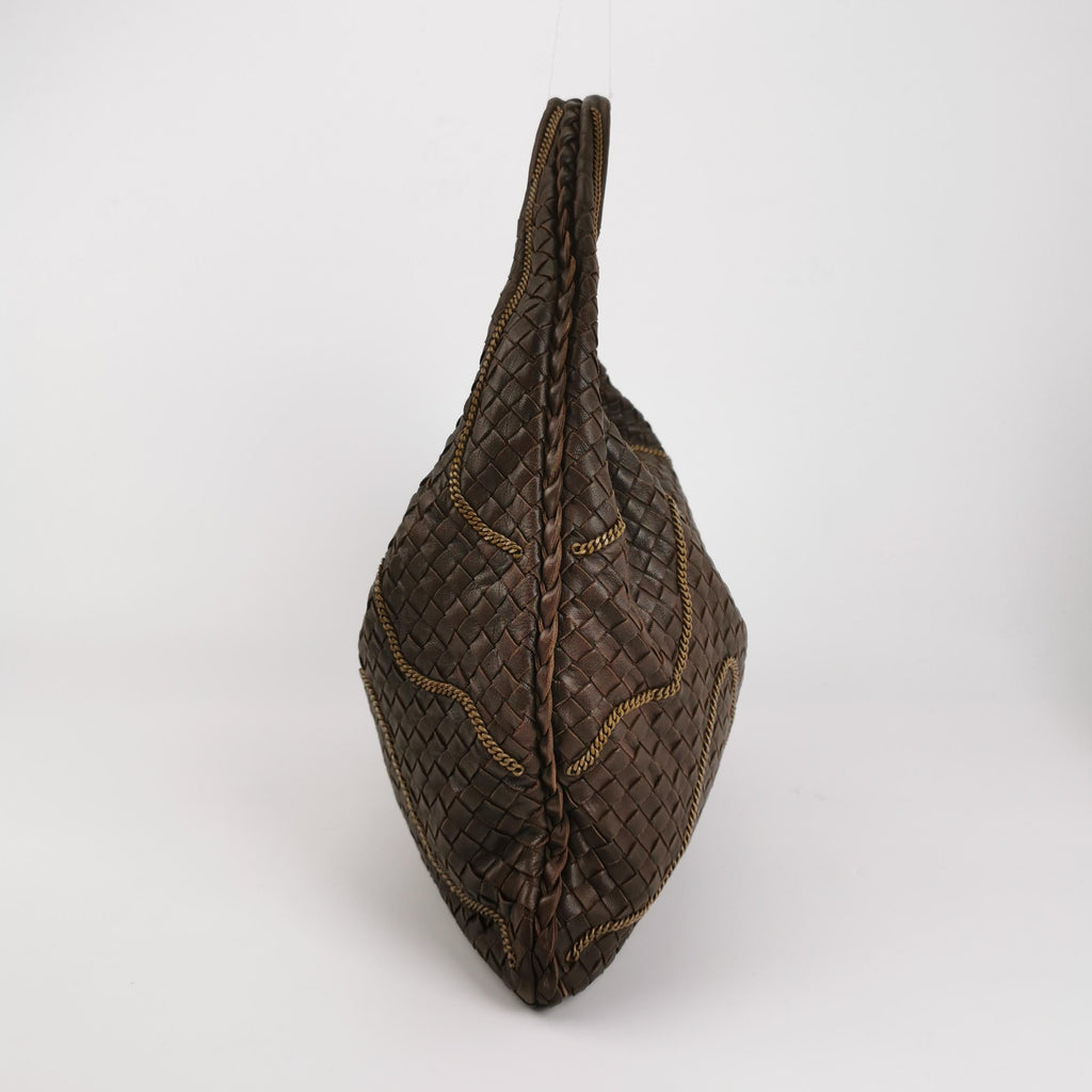 Bottega Veneta Veneta Hobo Intrecciato Dark Brown Leather Zipper Chain Embellished 45cm