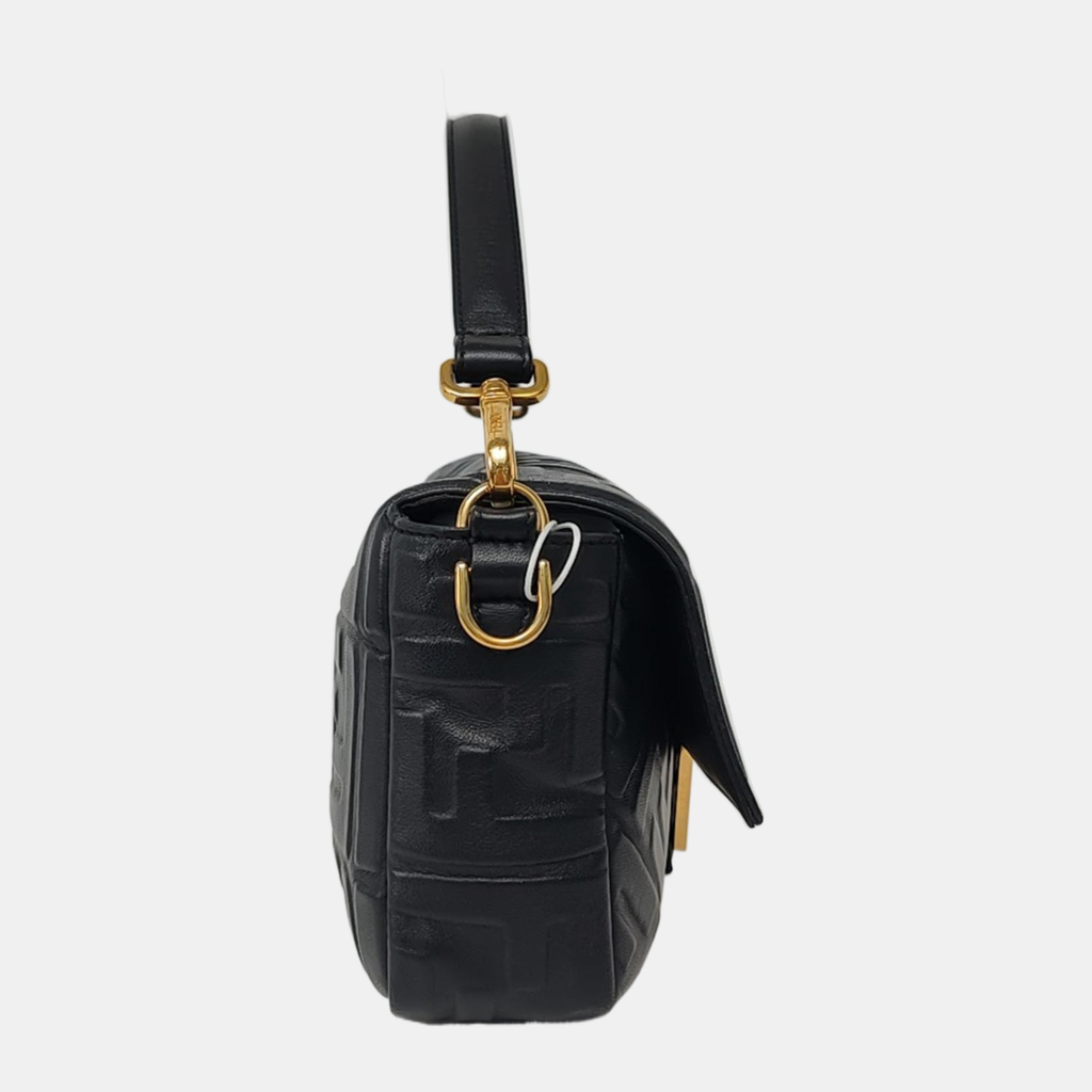 Fendi Baguette Black Lambskin Leather 3D FF Embossed Crossbody Bag Medium