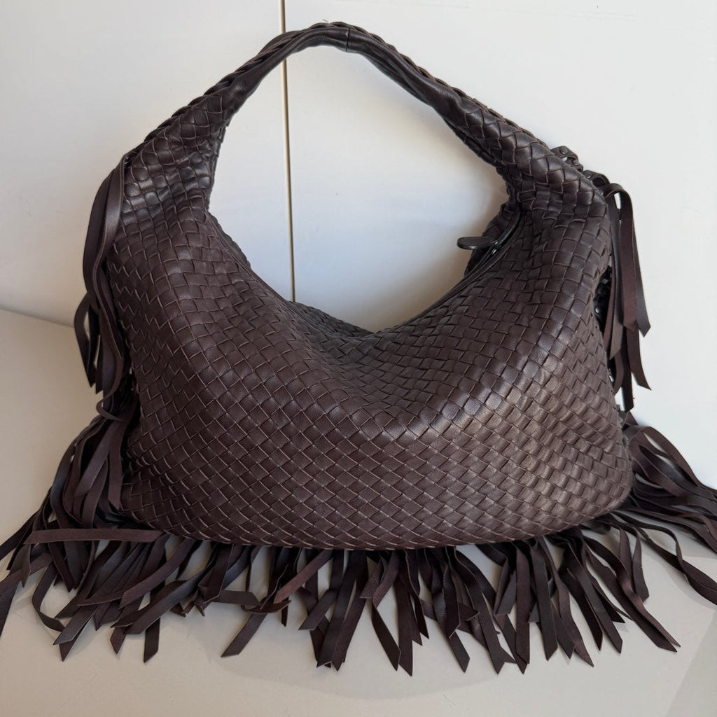 Bottega Veneta Veneta Fringed Hobo Large Dark Chocolate Brown 47cm Lambskin Leather