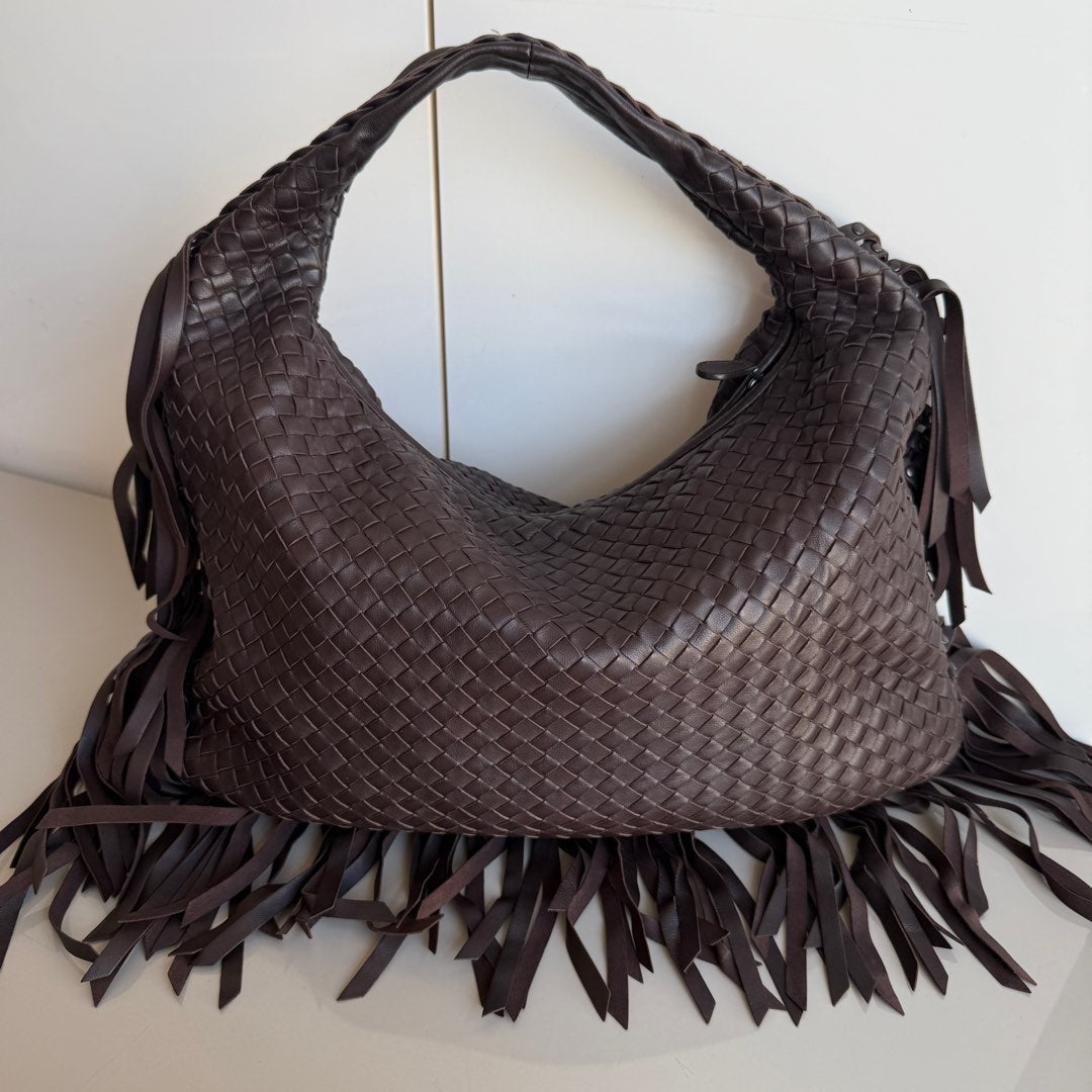 Bottega Veneta Veneta Fringed Hobo Large Dark Chocolate Brown 47cm Lambskin Leather