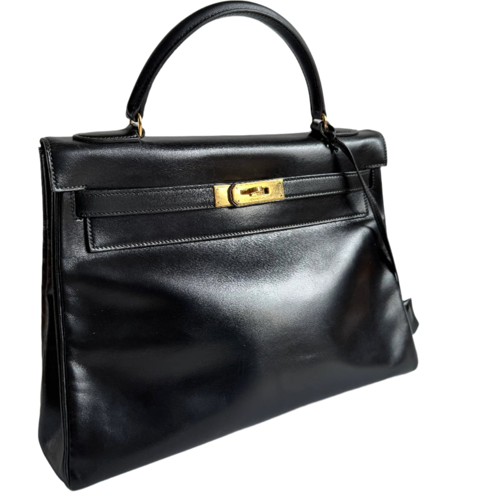 Hermes Kelly 32 Retourne Black Box Leather Gold HW 1987