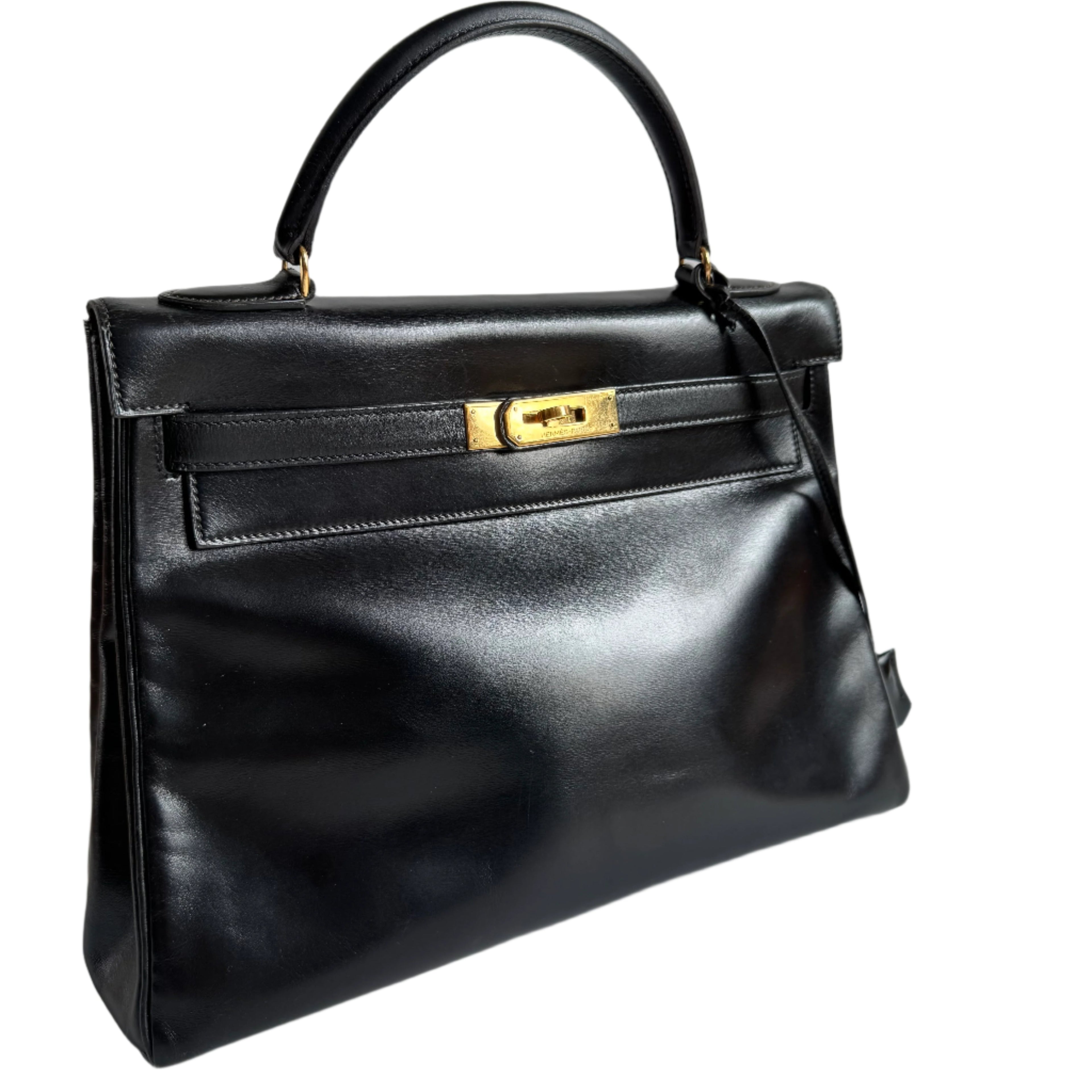 Hermes Kelly 32 Retourne Black Box Leather Gold HW 1987