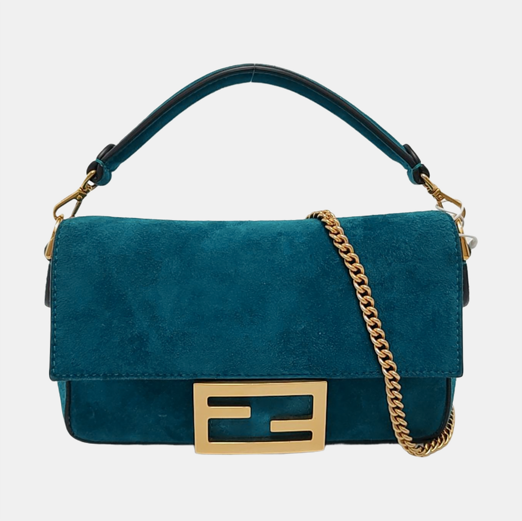 Fendi Baguette Mini Turquoise Blue Suede Gold Hardware Crossbody Bag