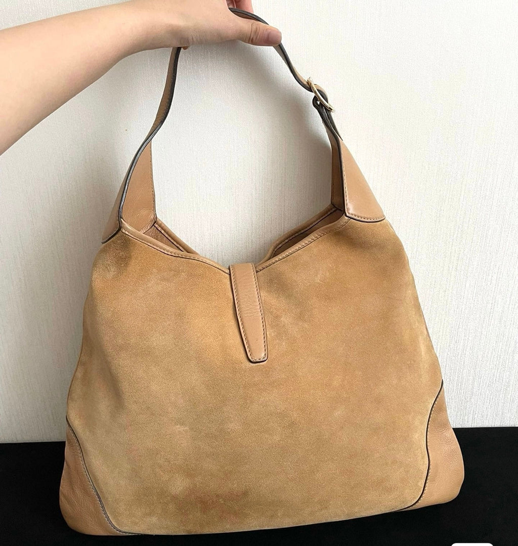 Gucci Jackie Vintage Medium Tan Brown Suede Leather Gold Hardware