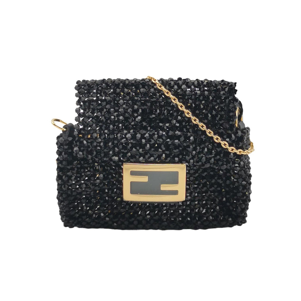 Fendi Nano Baguette Black Beaded Gold Chain Crossbody Purse