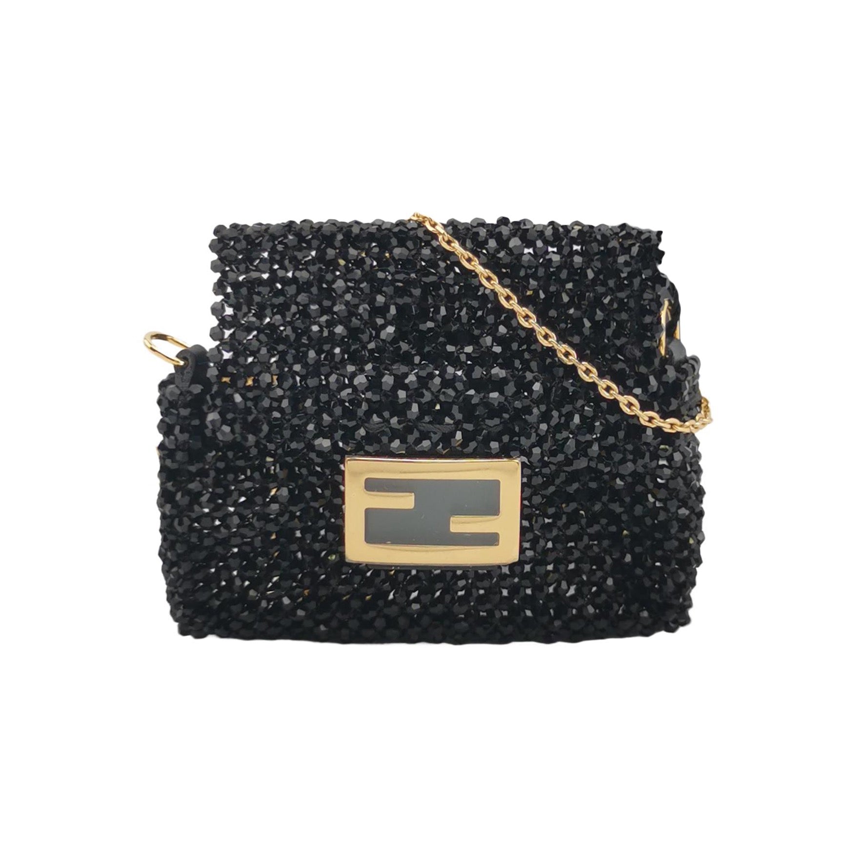 Fendi Nano Baguette Black Beaded Gold Chain Crossbody Purse