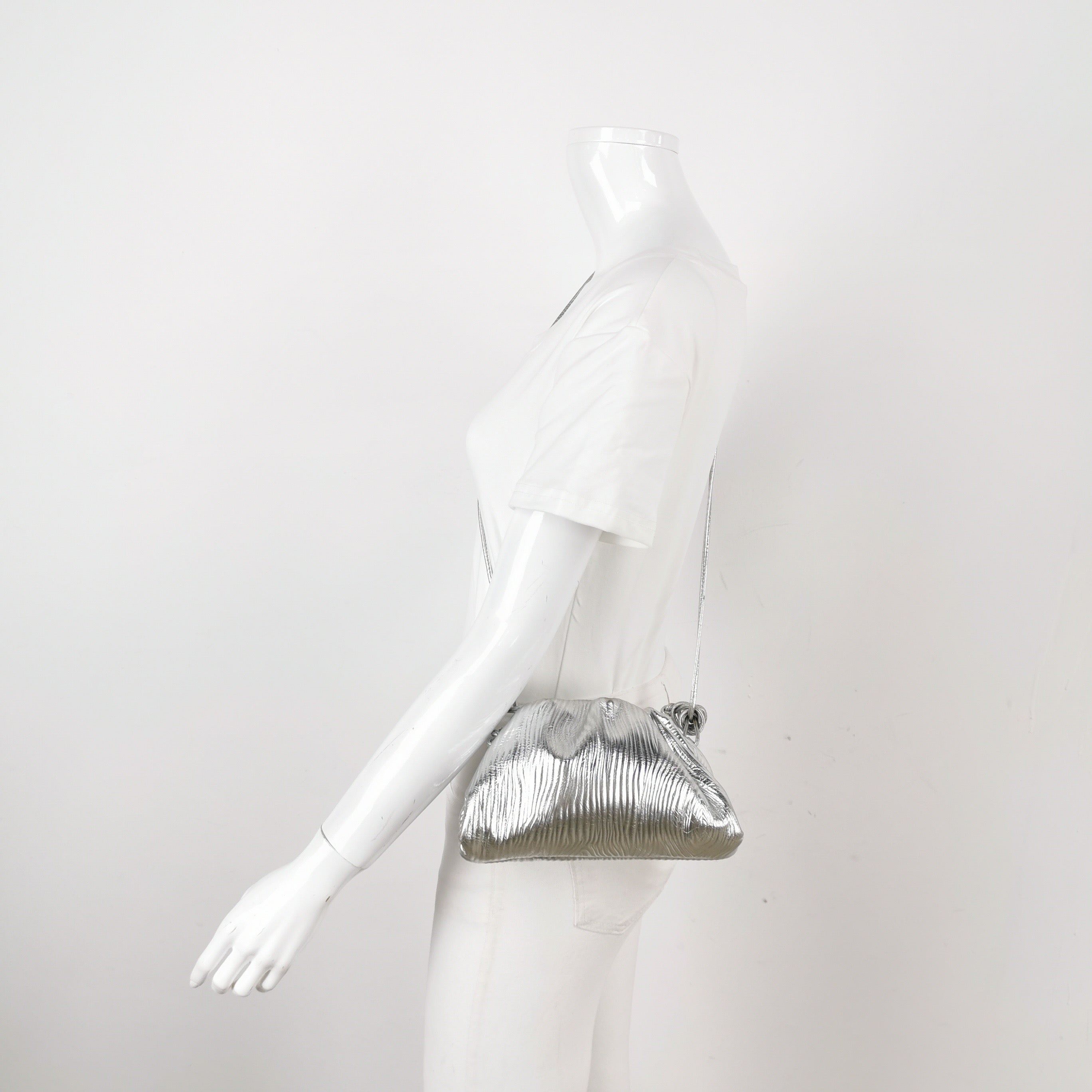 Bottega Veneta Pouch Mini Silver Leather Tree Trunk Pattern Crossbody Bag