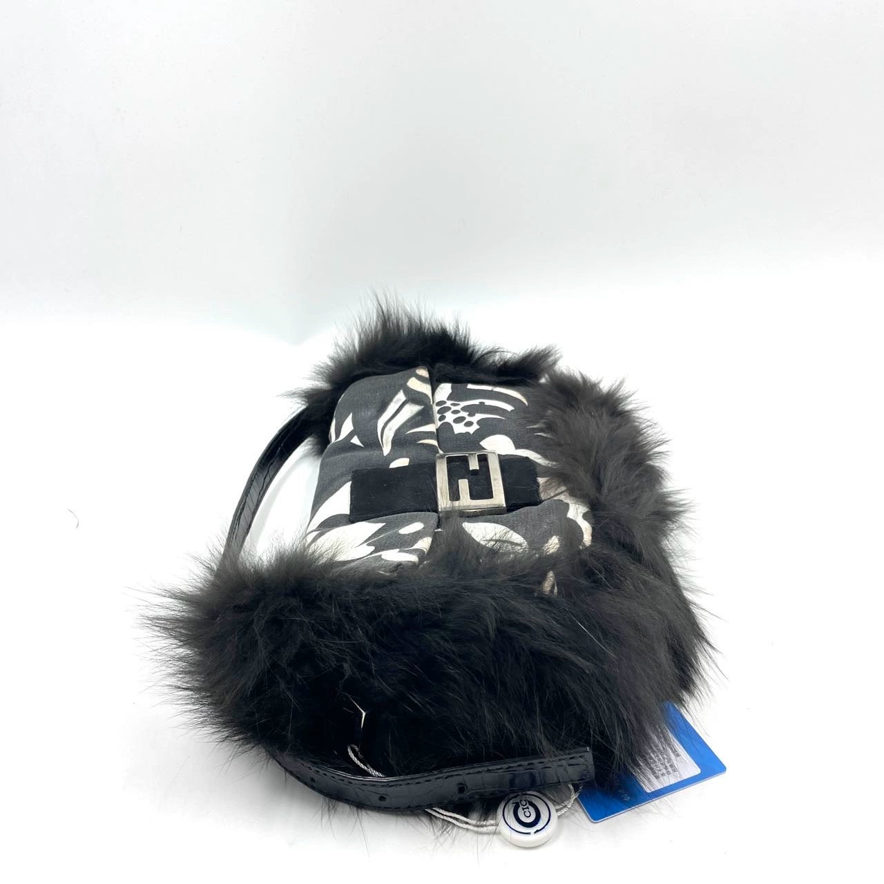 Fendi Baguette Black Print Fabric and Furry Shoulder Bag