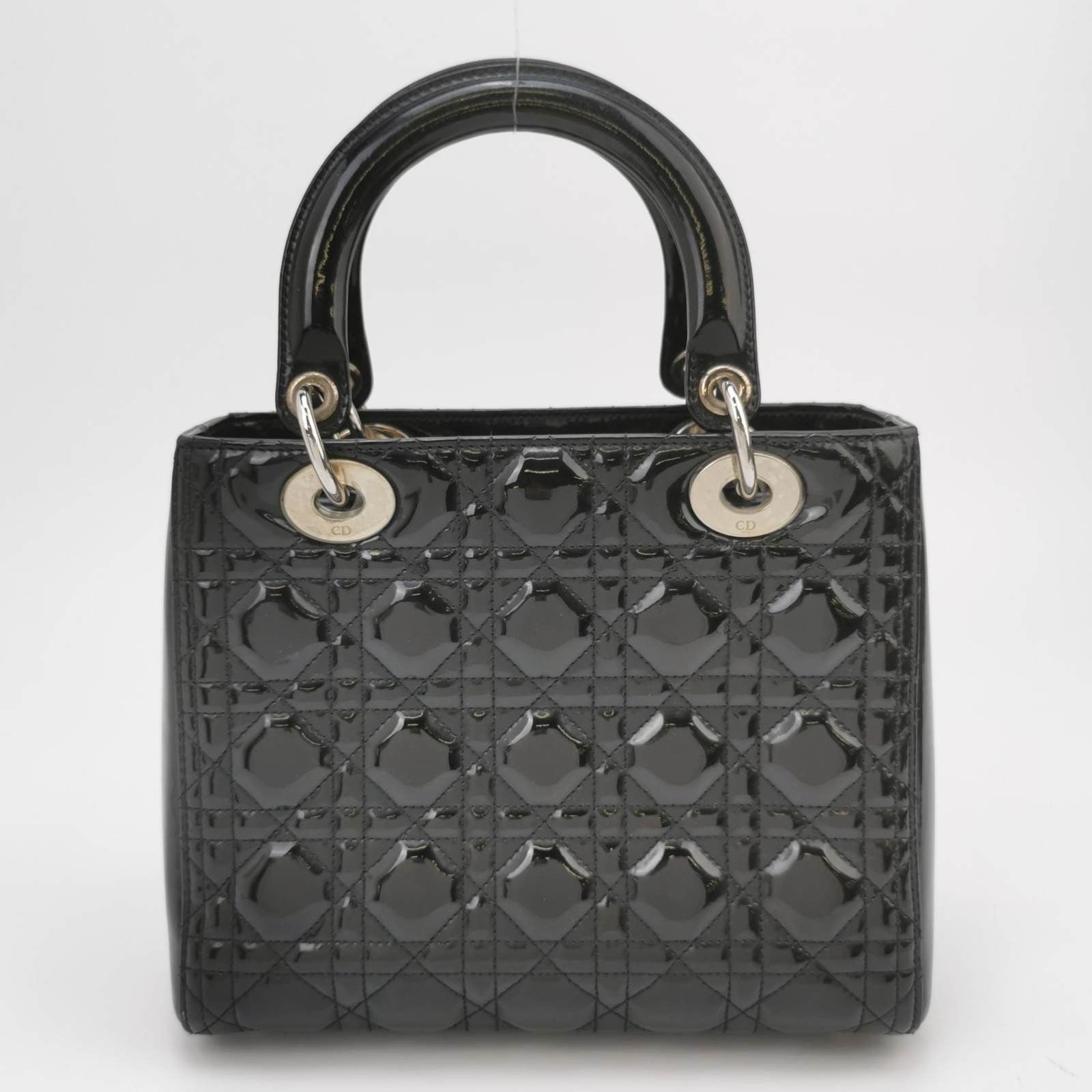 Lady Dior Medium Black Patent Leather Handbag with Silver Hardware