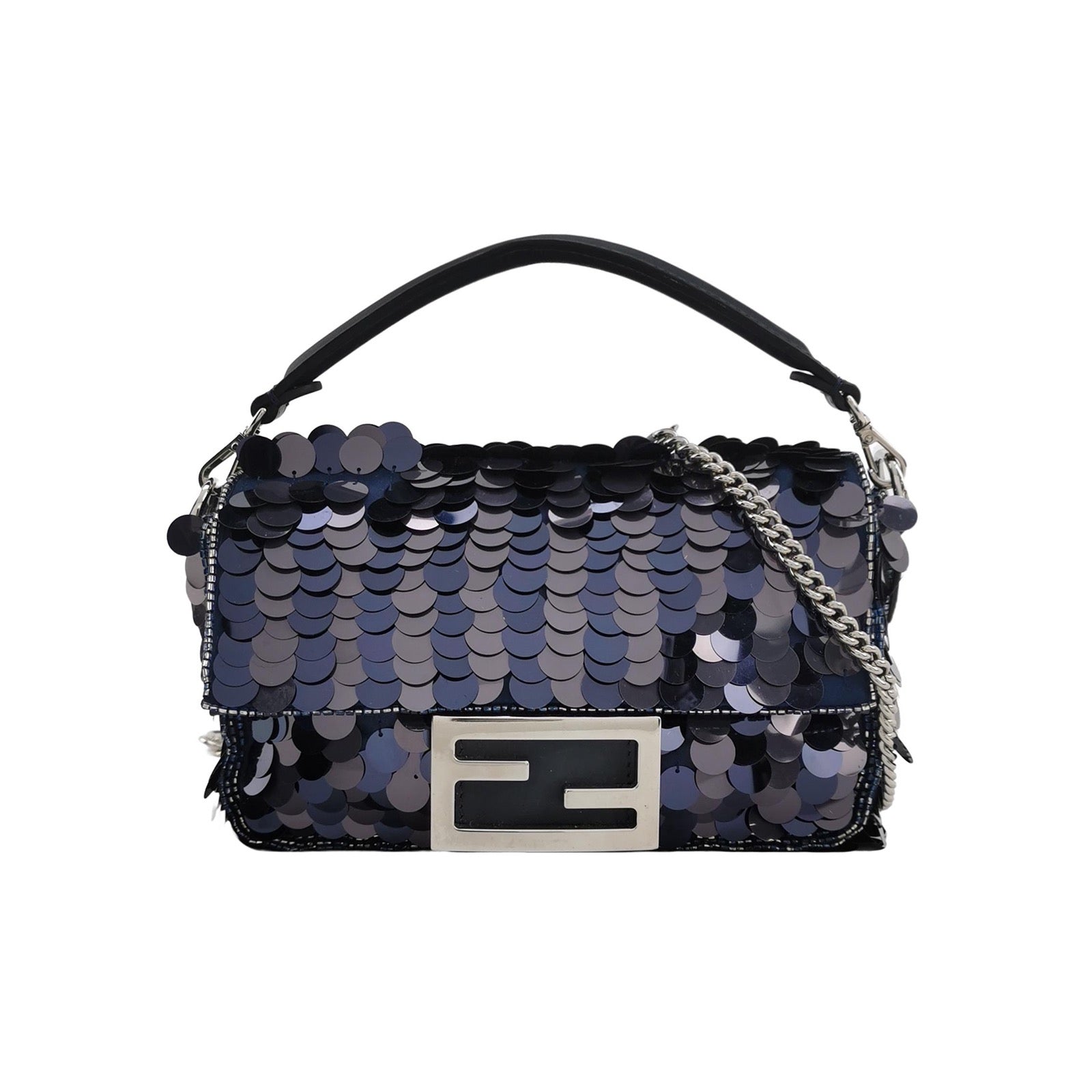 Fendi Baguette Mini Navy Sequins Chain Strap Crossbody Bag