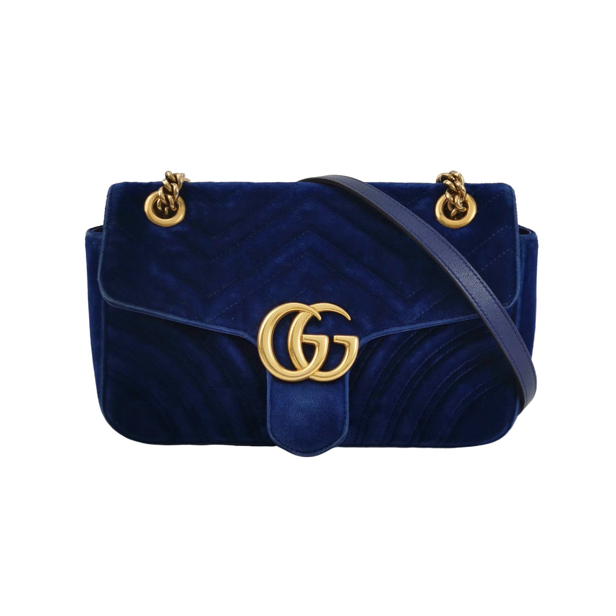Gucci Marmont Small Flap Turquoise Navy Velvet Handbag