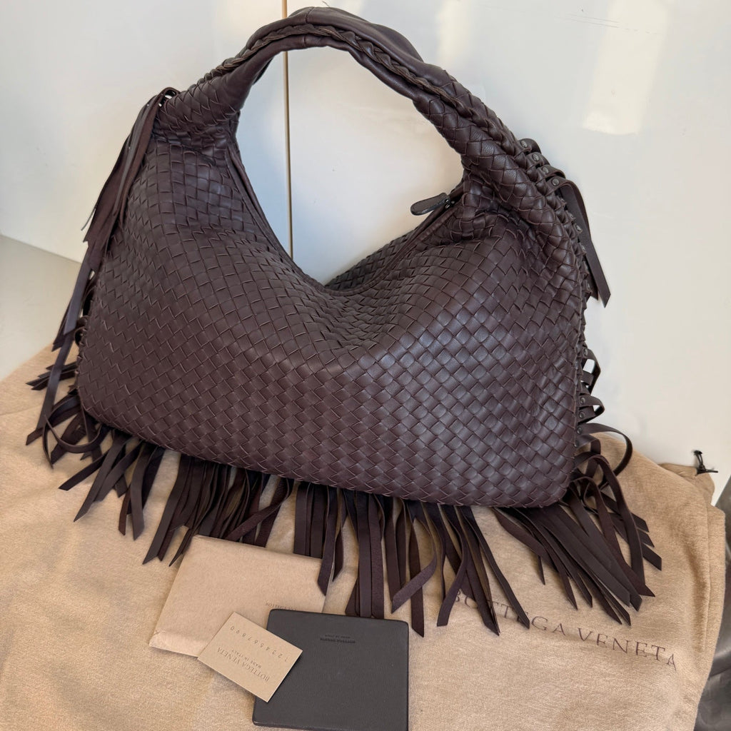 Bottega Veneta Veneta Fringed Hobo Large Dark Chocolate Brown 47cm Lambskin Leather