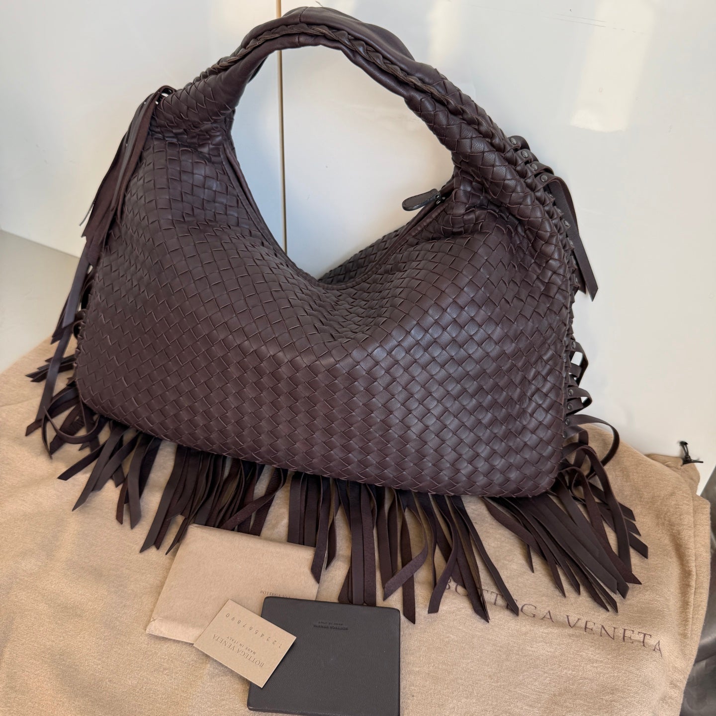 Bottega Veneta Veneta Fringed Hobo Large Dark Chocolate Brown 47cm Lambskin Leather