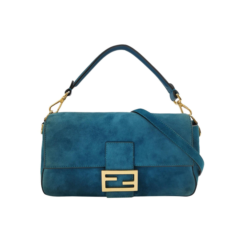 Fendi Baguette Selleria Suede Leather Crossbody Bag Medium Teal Blue