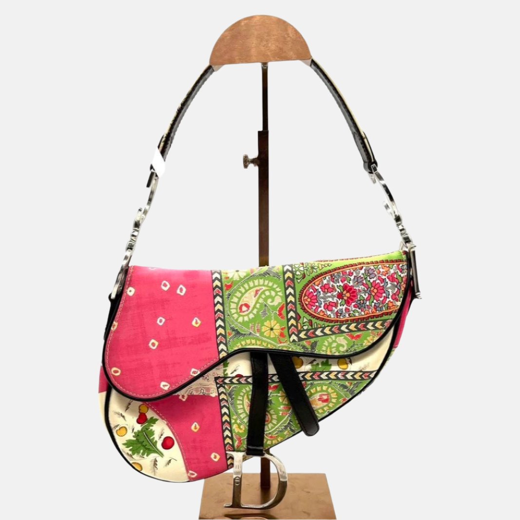 Dior Saddle Medium 2003 Multicolor Silk Handbag RARE