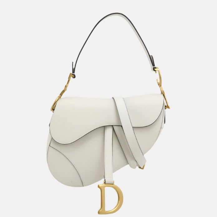Dior Saddle Medium 2022 White Grained Leather Handbag with Leather Strap