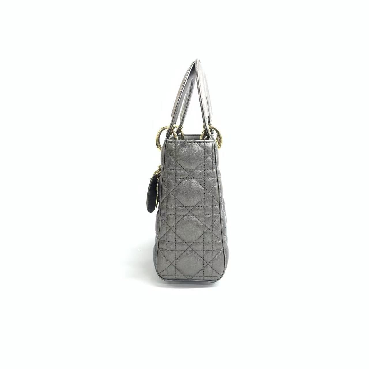 Lady Dior Small ABCdior Metallic Grey Cannage Lambskin Handbag with Strap 2019