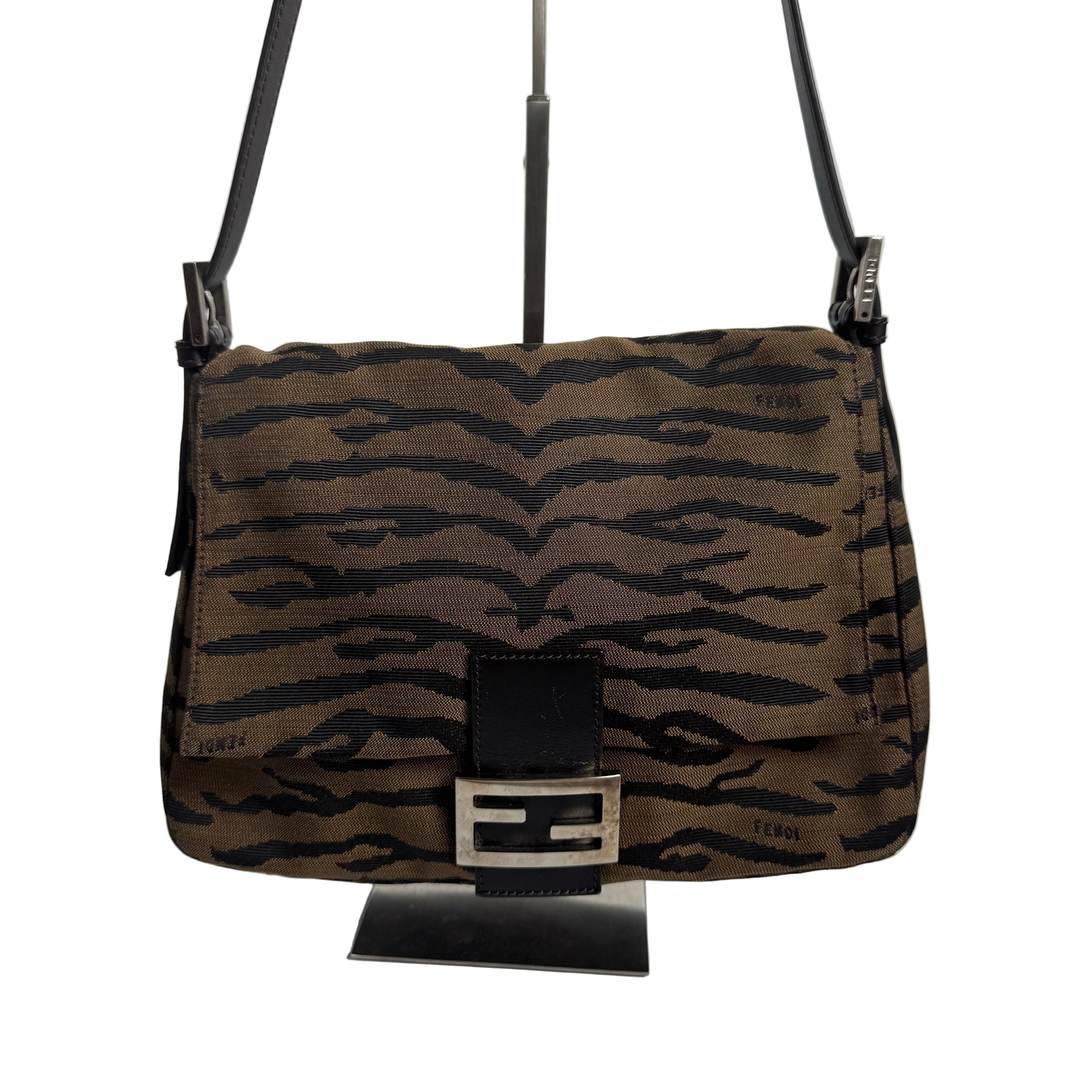 Fendi Mamma Baguette Brown Zebra Print Canvas Shoulder Bag
