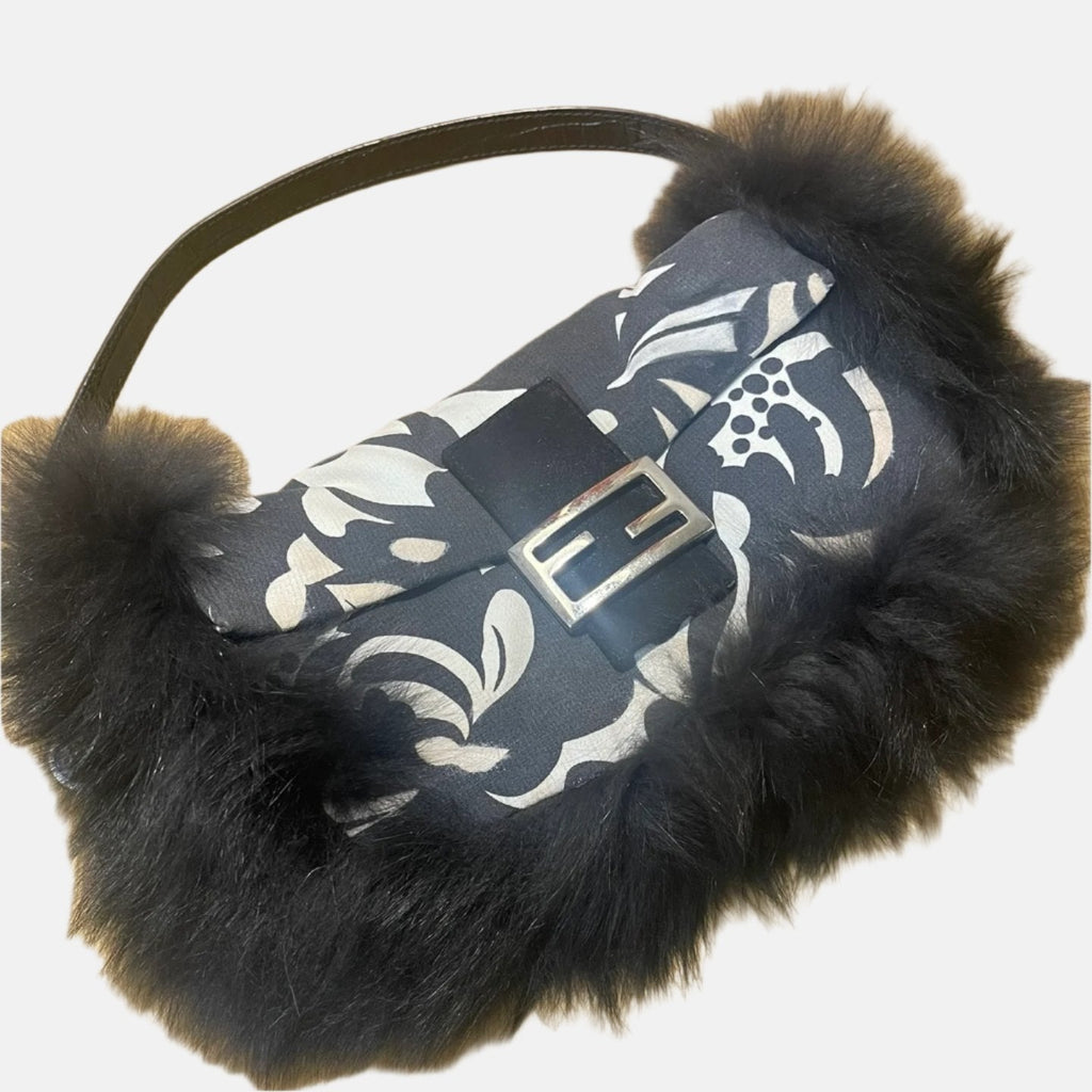 Fendi Baguette Black Print Fabric and Furry Shoulder Bag