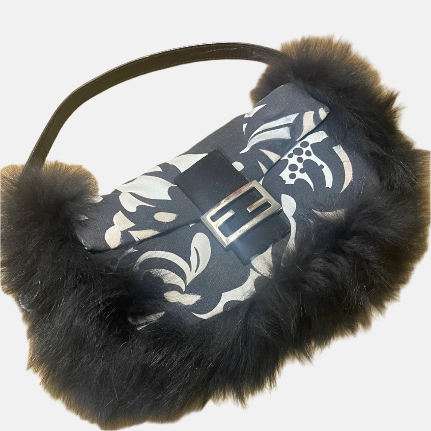 Fendi Baguette Black Print Fabric and Furry Shoulder Bag