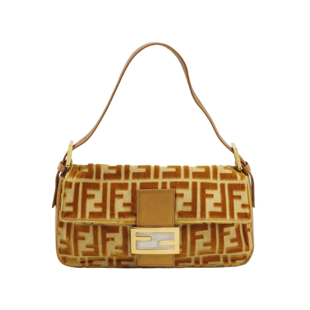 FENDI Baguette Gold FF Monogram Velvet Shoulder Bag