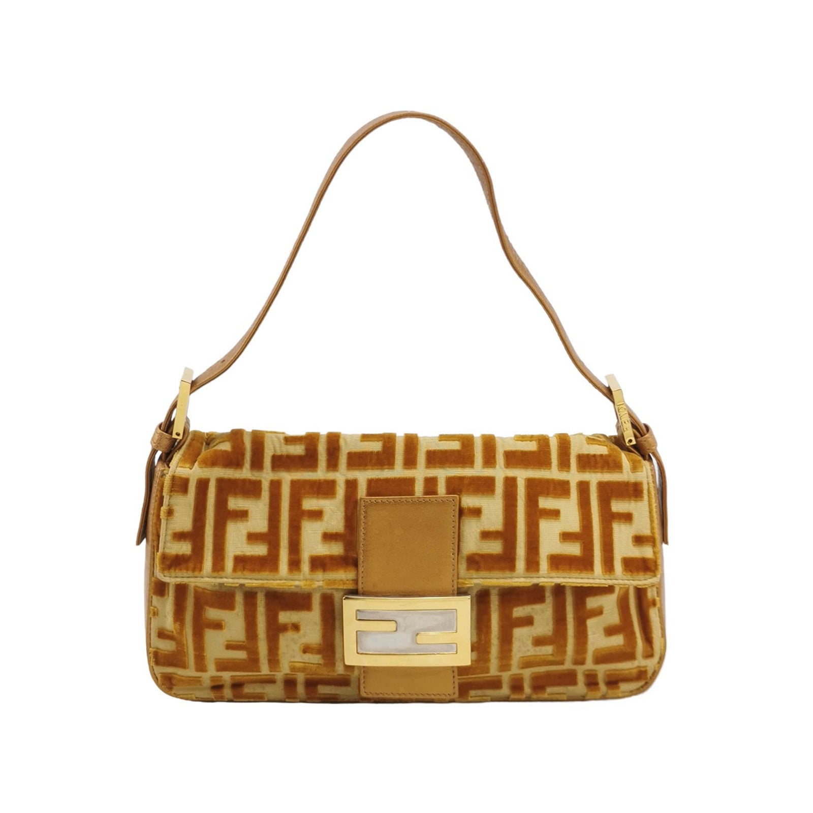 FENDI Baguette Gold FF Monogram Velvet Shoulder Bag