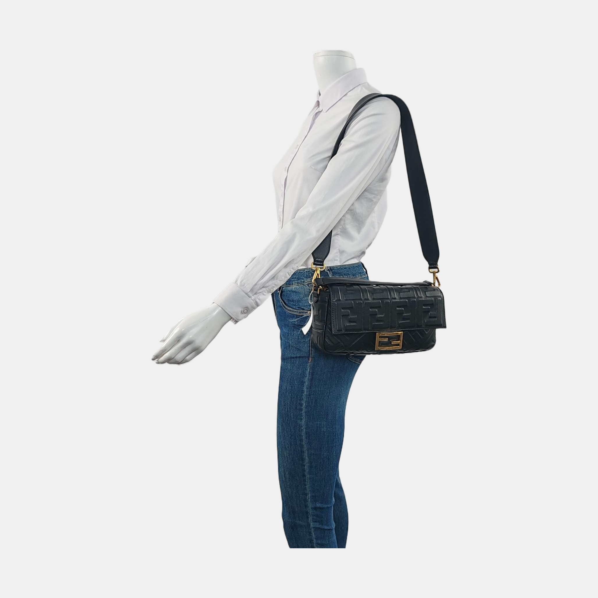 Fendi Baguette Black Lambskin Leather 3D FF Embossed Crossbody Bag Medium