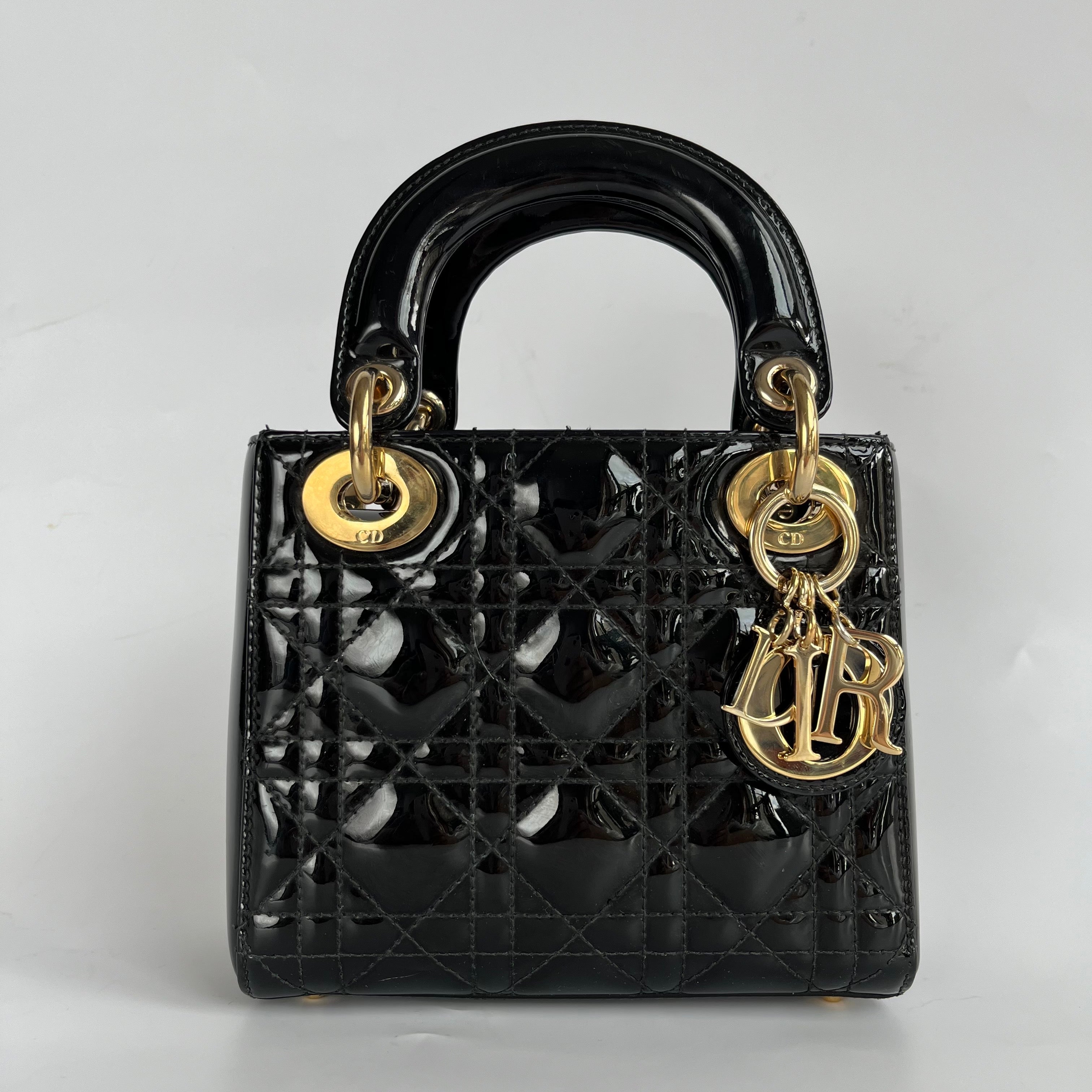 Lady Dior Mini Black Patent Leather Bag with gold hardware Chain Strap