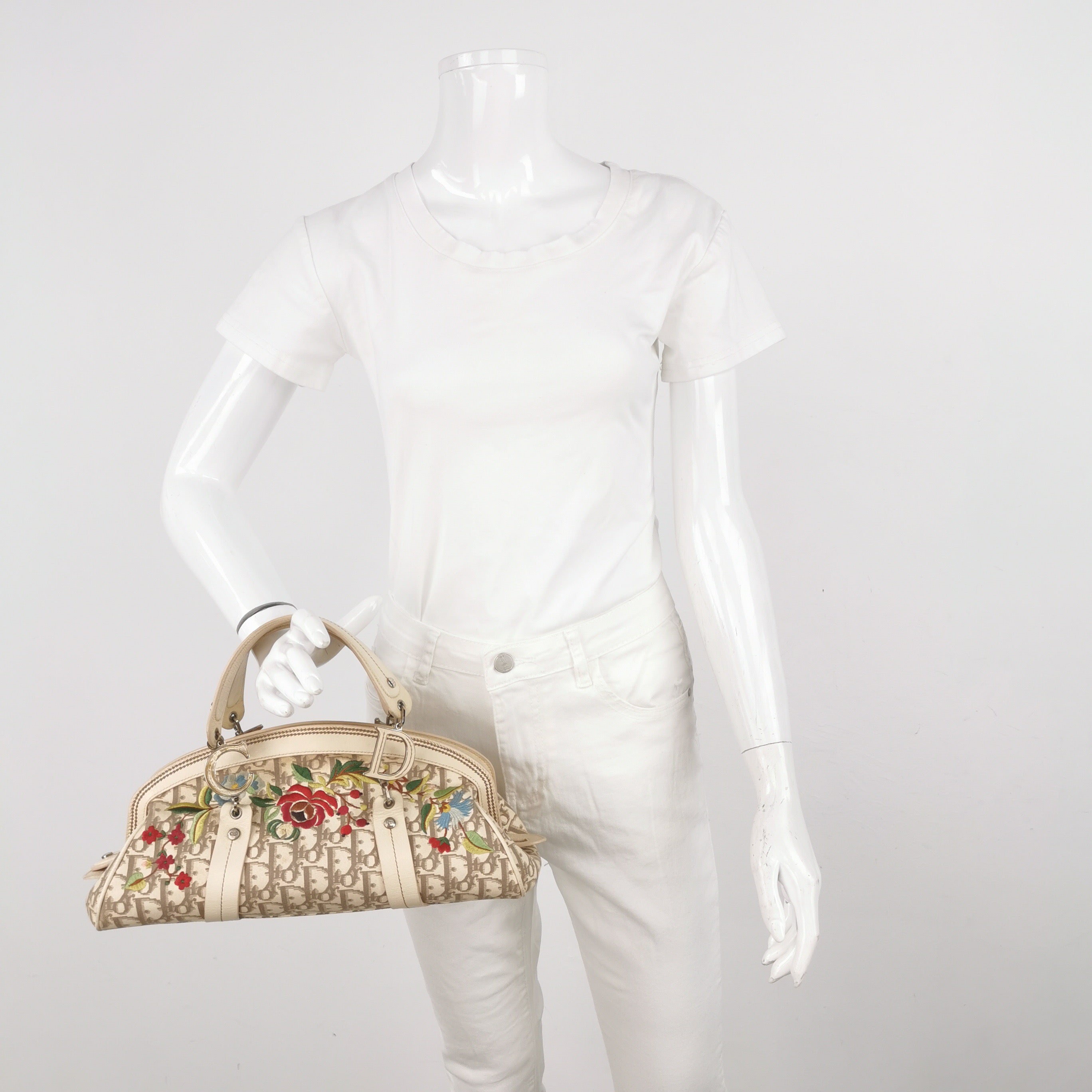 Dior Vintage Embroidered Diorissimo Bowler Bag Top White Monogram