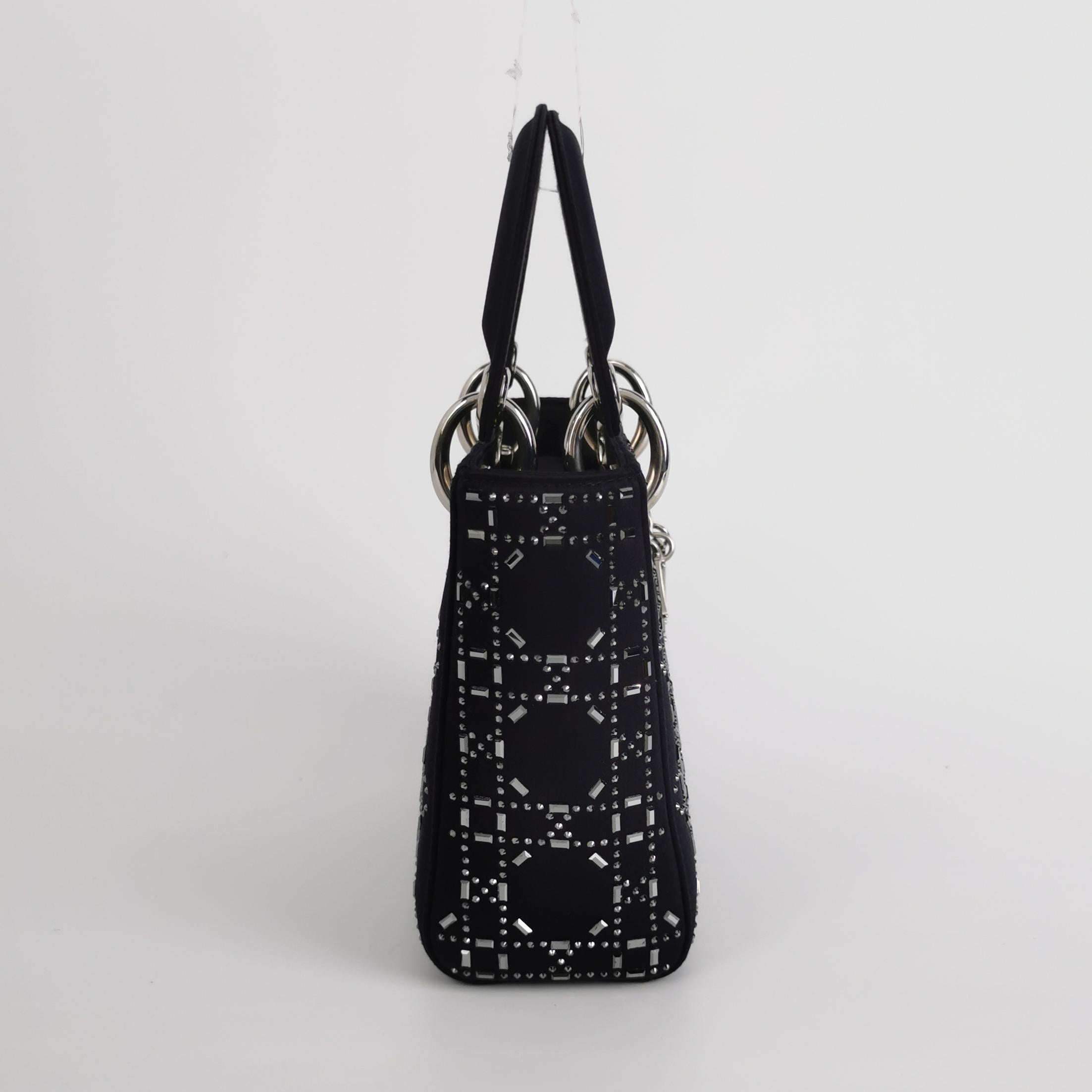 Lady Dior Mini Black Silk with Crystals Silver Hardware