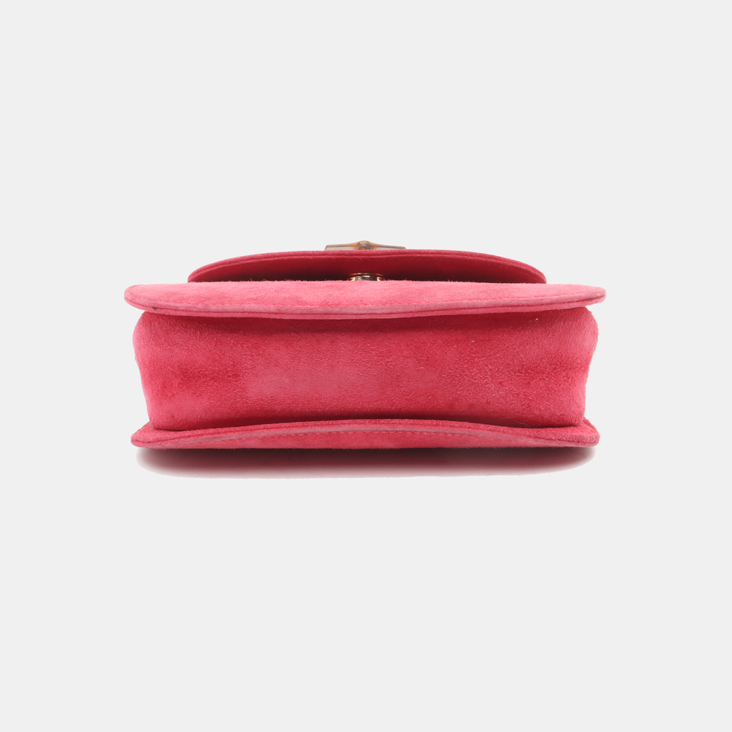 Gucci Bamboo 1947 Night Super Mini Pink Suede Evening Bag with Chain
