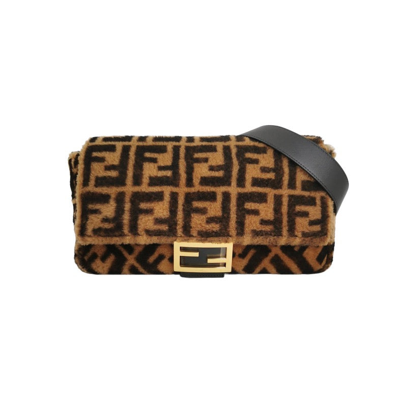 Fendi Baguette Large Shearling Vitello Dolce Marco FF 1974 Tobacco Black Brown Zucca