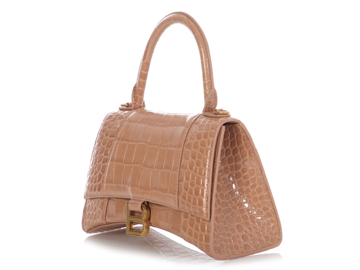 Balenciaga Small Beige Crocodile Embossed Hourglass Bag