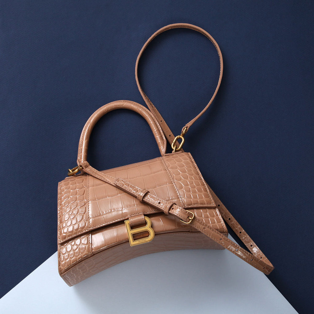 Balenciaga Small Beige Crocodile Embossed Hourglass Bag