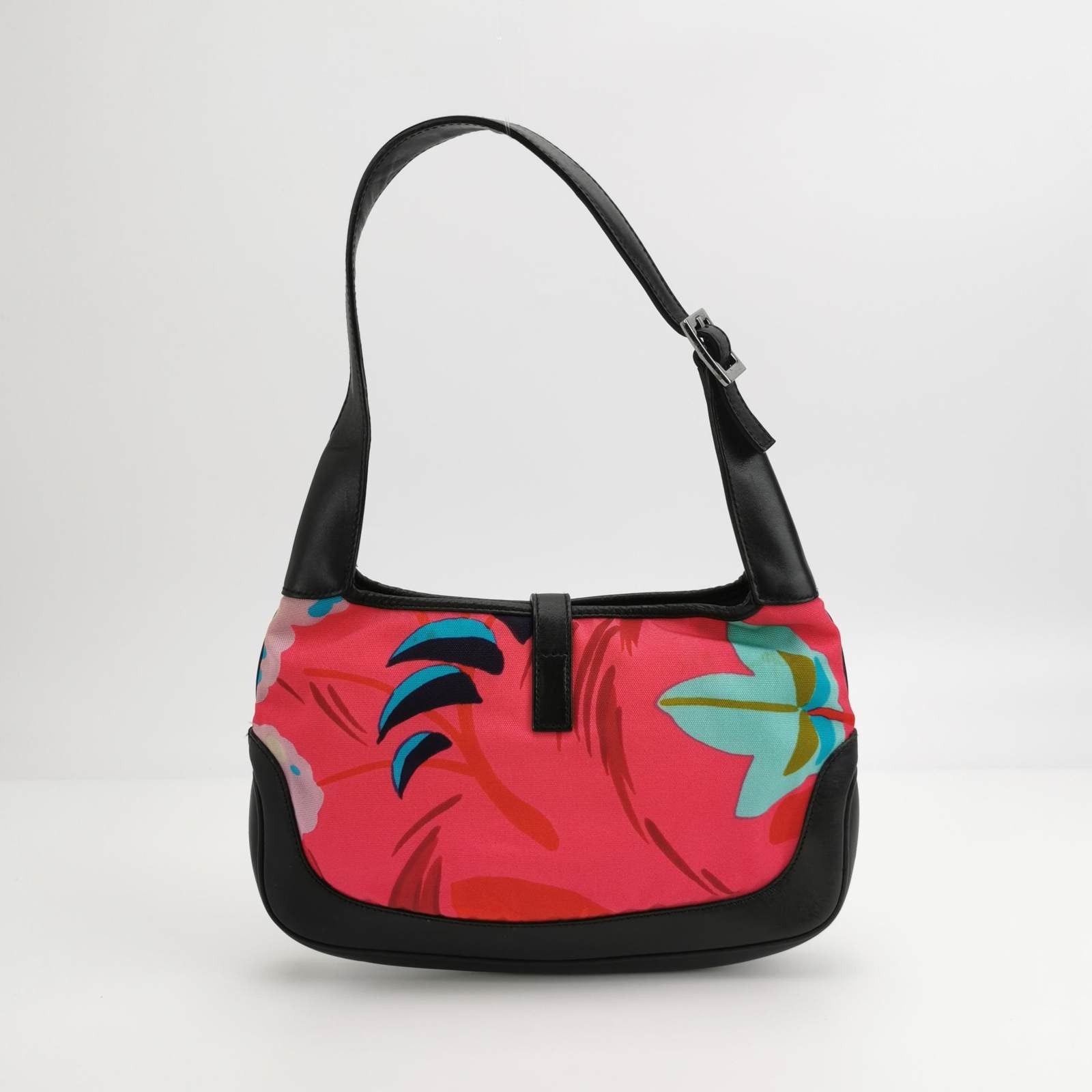 Gucci Jackie Vintage Mini Multicolor Floral Canvas Black Leather Shoulder Bag