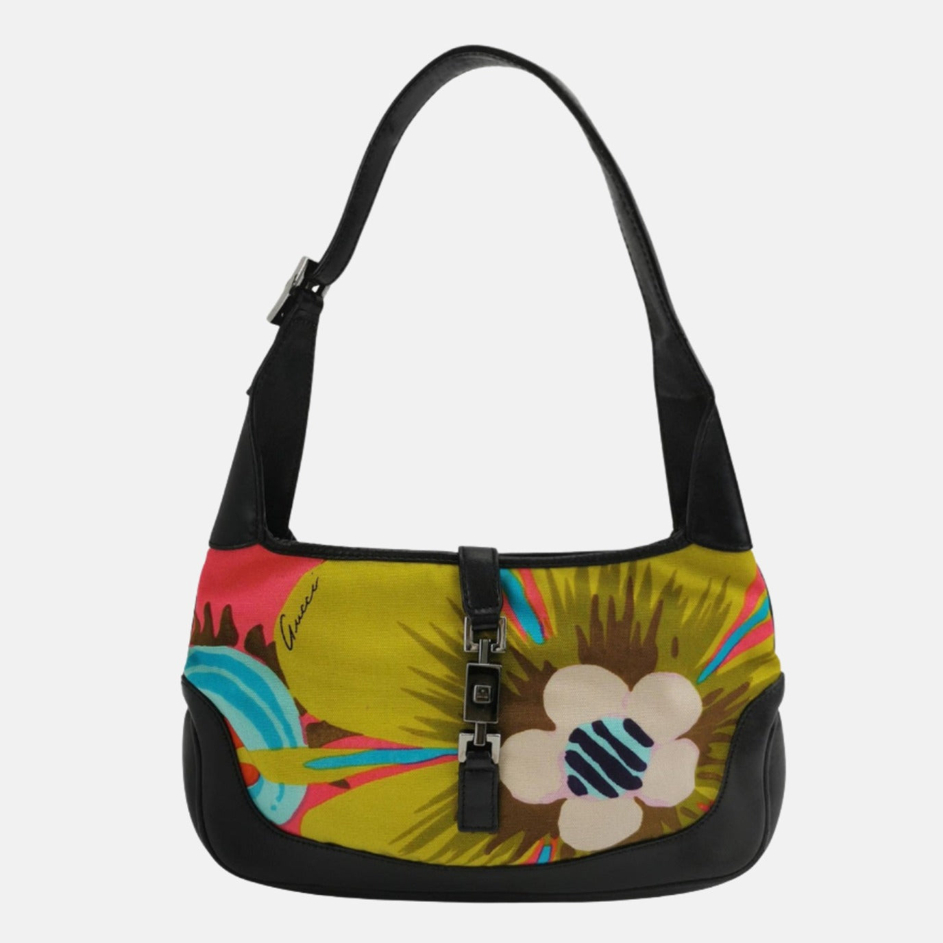 Gucci Jackie Vintage Mini Multicolor Floral Canvas Black Leather Shoulder Bag