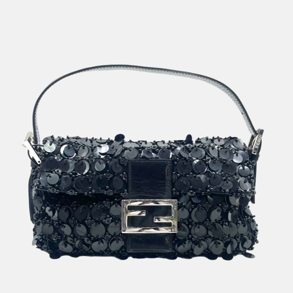 Fendi Baguette Black Swan Feather-like Sequins Beaded Shoulder Bag