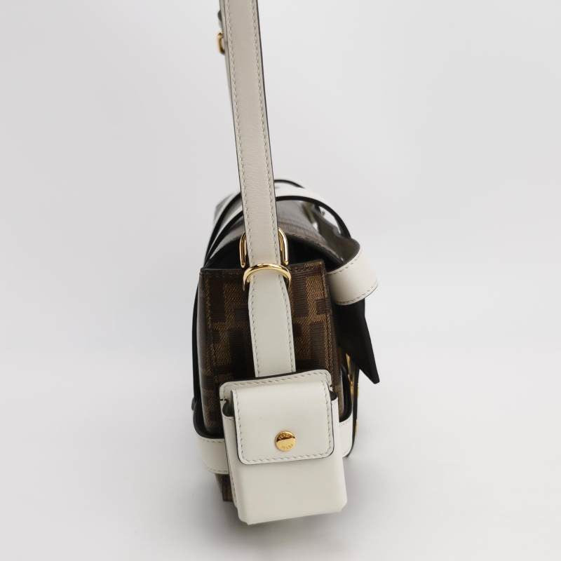 Fendi Baguette Glazed Fabric Vitello Century FF 1974 Large Baguette Cage Mogano Panna White Ice